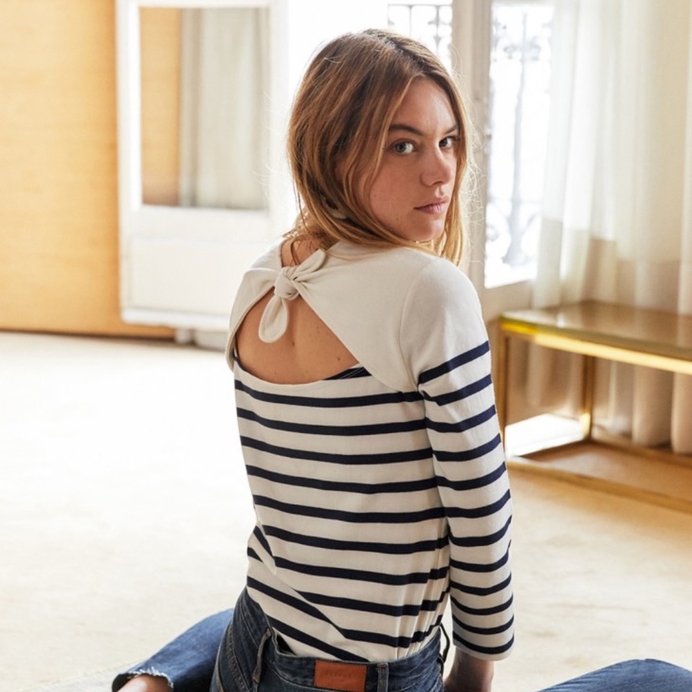 Sezane Oscar Striped Bow Back Top